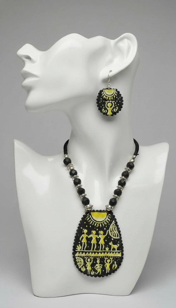 BH0360 : Dokra Art Inspired Handcrafted Wooden Jewelry Set with Tribal Motif