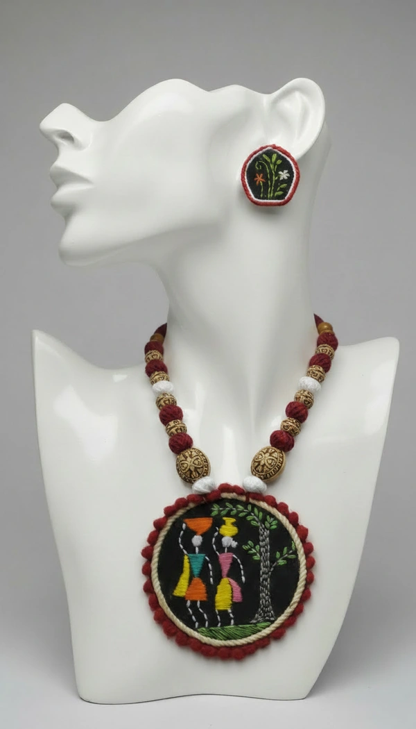 BH0354 : Dokra Art Inspired Handcrafted Wooden Jewelry Set with Tribal Motif