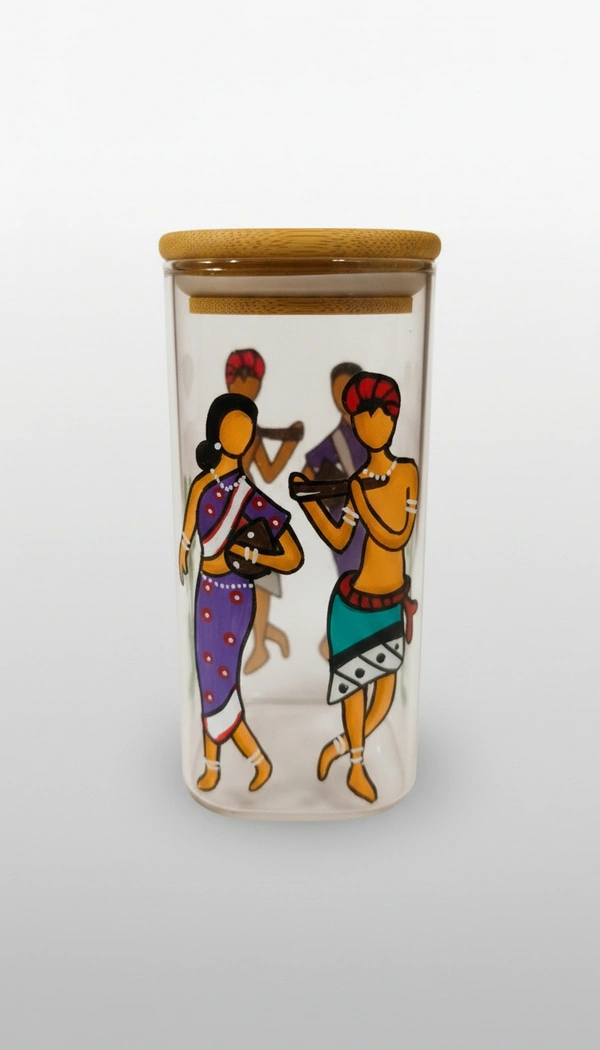 BH0377 : Tribal Folk Art Printed Glass Storage Container with Wooden Lid | Decorative Airtight Glass Jar for Kitchen & Home