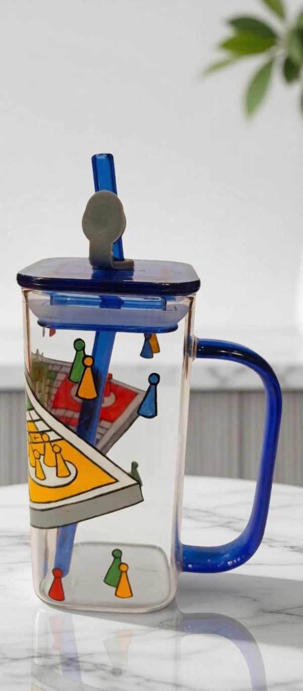BH0397 : Ludo Board Printed Glass Sipper Mug with Handle, Lid & Straw | Reusable Transparent Glass Tumbler for Kids & Adults