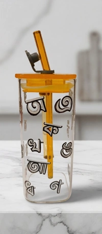 BH0383 : Bengali Letter Printed Glass Sipper Mug with Handle, Straw & Lid | Transparent Reusable Drinking Glass