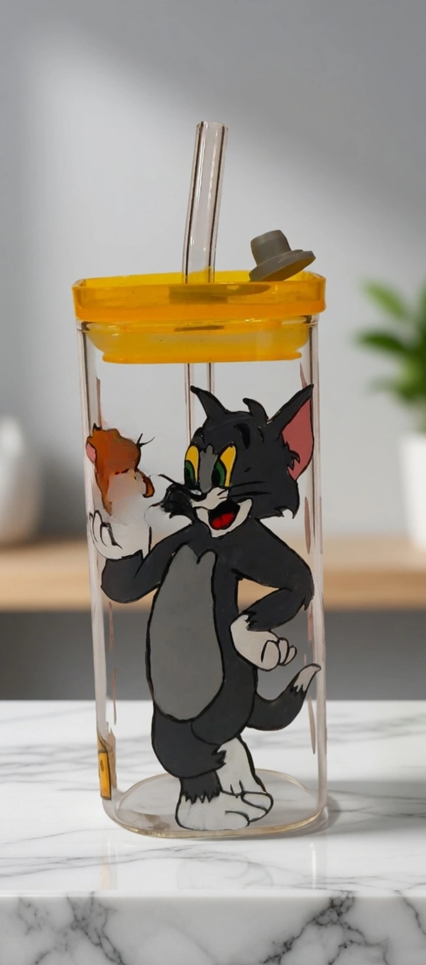 BH0385 : Tom & Jerry Cartoon Printed Glass Sipper Bottle with Straw & Lid | Reusable Transparent Drinking Glass for Kids & Adults