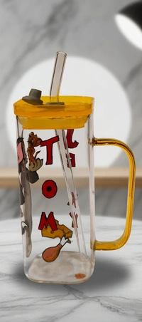 BH0385 : Tom & Jerry Cartoon Printed Glass Sipper Bottle with Straw & Lid | Reusable Transparent Drinking Glass for Kids & Adults