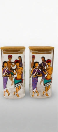 BH0377 : Tribal Folk Art Printed Glass Storage Container with Wooden Lid | Decorative Airtight Glass Jar for Kitchen & Home