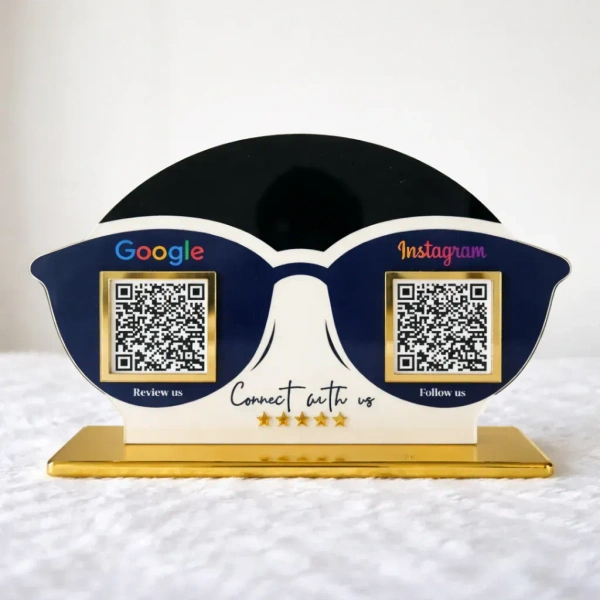 2 QR NFC Enabled Optical Face Shape Standee | Acrylic Counter Display