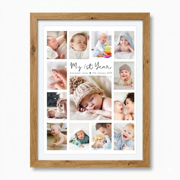 "My First Year" Personalized Baby Photo Collage – Premium Framed Milestone Memory