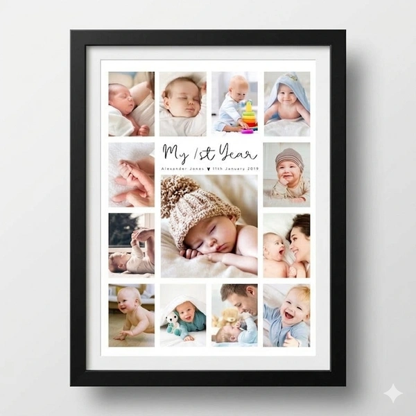 "My First Year" Personalized Baby Photo Collage – Premium Framed Milestone Memory