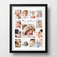 "My First Year" Personalized Baby Photo Collage – Premium Framed Milestone Memory - A4, Wooden