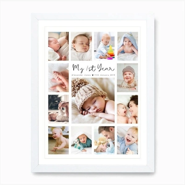 "My First Year" Personalized Baby Photo Collage – Premium Framed Milestone Memory