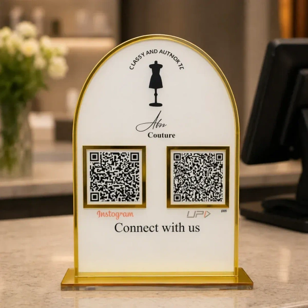 2 QR NFC Enabled Arc Round Shape Golden Border Standee