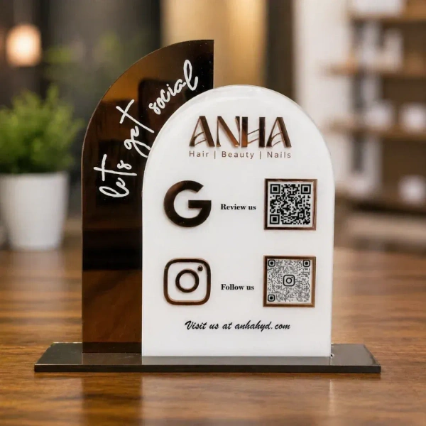 2 QR NFC Enabled Arc Round Shape Golden Border Standee
