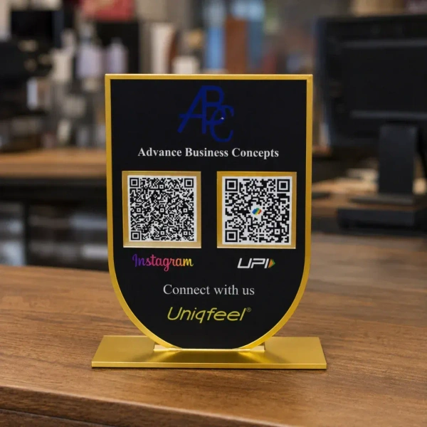 2 QR NFC Enabled Black Golden Border Arch Shape Premium Standee for Shops Offices & Business