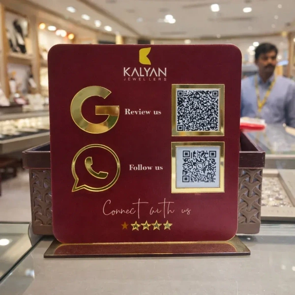 2 QR NFC Enabled Dark Maroon Google Review Standee For Jewellers