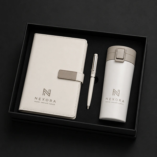PUSH BUTTON FLASK 380ML, BALL PEN & 190PGS HARDBOUND MAGNETIC CLIP DIARY | DPB11