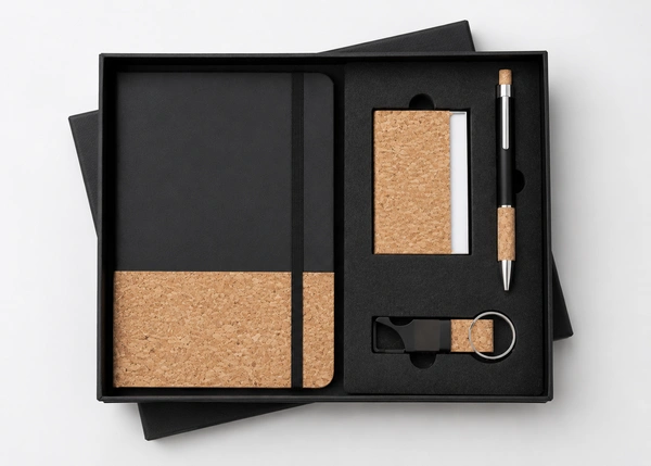 CORK CARD HOLDER, BOTTLE OPENER KEYCHAIN, CORK BALL PEN & 160PGS HARDBOUND CORK DIARY | DPCK04