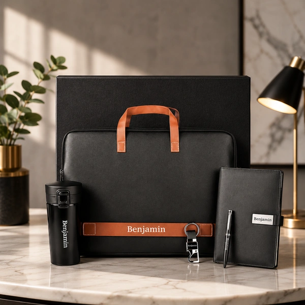 BALL PEN, PUSH BUTTON FLASK, LAPTOP BAG, BOTTLE OPENER KEYCHAIN & 190PGS HARDBOUND MAGNETIC CLIP DIARY | DPKB11