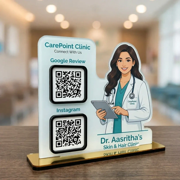 2 QR NFC Enabled Female Doctor Shape Tabletop Standee | Clinic and Counter Display