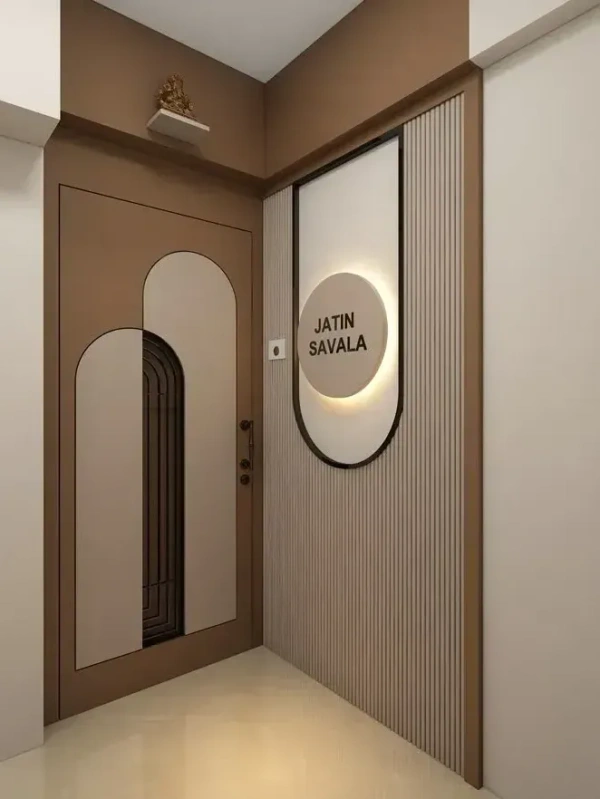 Custom Circular LED Backlit Nameplate on Fluted Vertical Panel