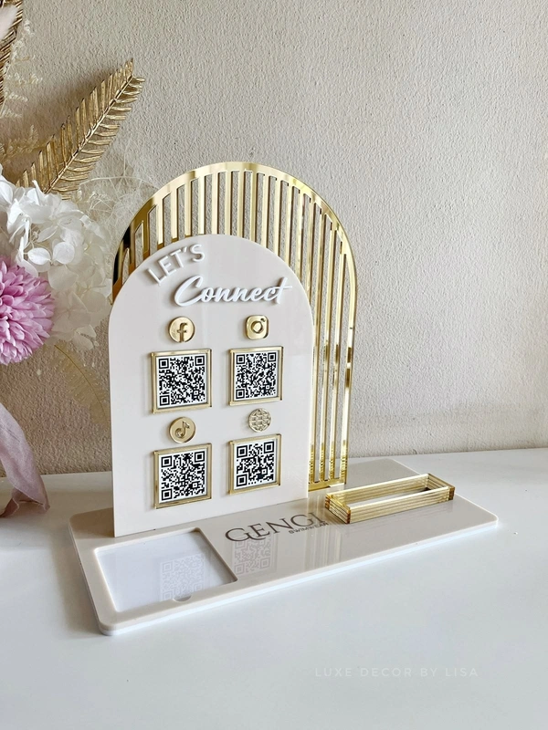 4 x QR Code Sign - Double Arched Social/ Square + QR + Card Holder and Website
