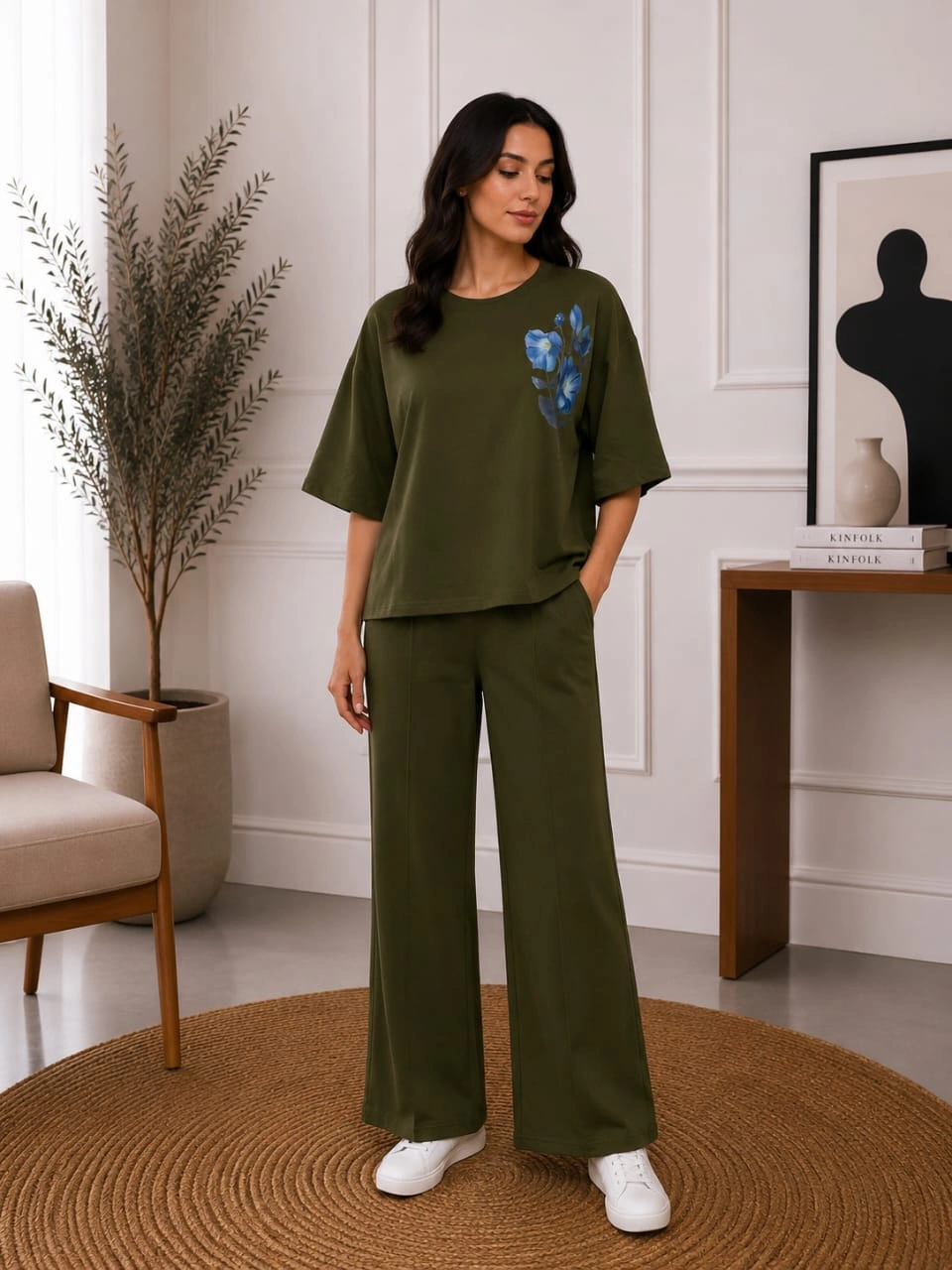 Blue Floral Print Oversized Tee & Wide-Leg Pants Co-Ord Set