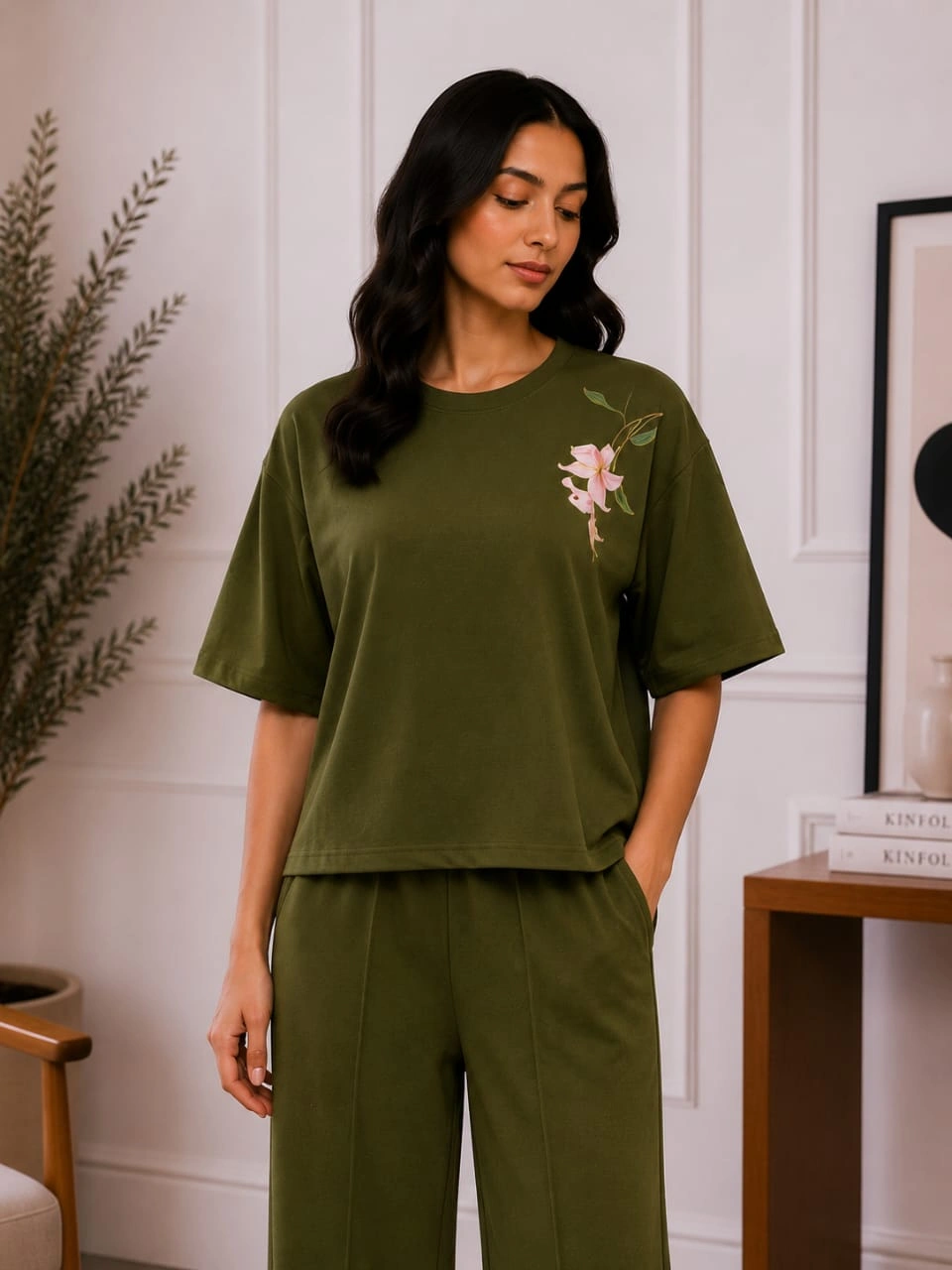 Pink Floral & Blue Leaf Print Oversized Tee & Wide-Leg Pants Co-Ord Set