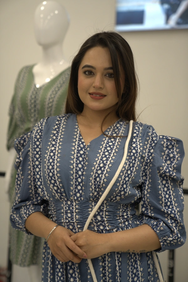 Steel Blue & White Floral Puff Sleeve Dress