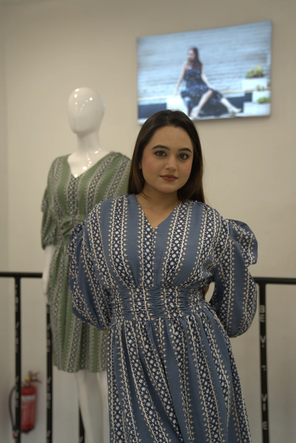 Steel Blue & White Floral Puff Sleeve Dress
