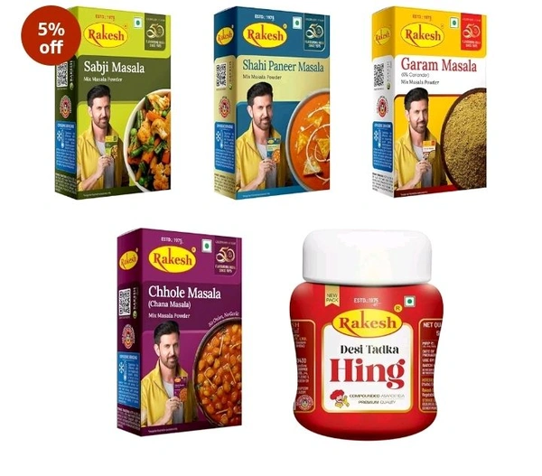 Rakesh Masala Premium Combo – 5 Essential Spices (50g Each) | Shahi Paneer, Sabji, Chana Masala, Hing, Garam Masala | Flavor-Packed Cooking Must-Haves!
5%
off