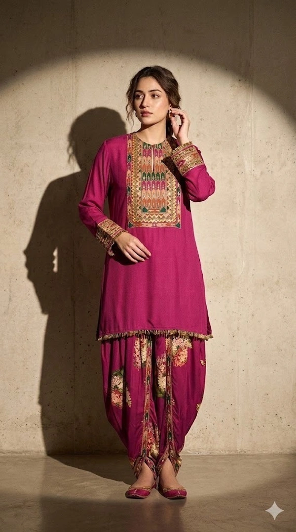 viscose rayon kurta set featuring intricate embroidery around the neck and cuffs