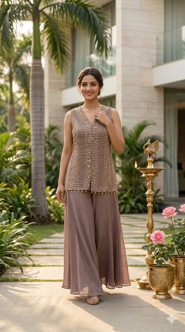Premium shimmer tissue sleeveless kurti with embroidered 