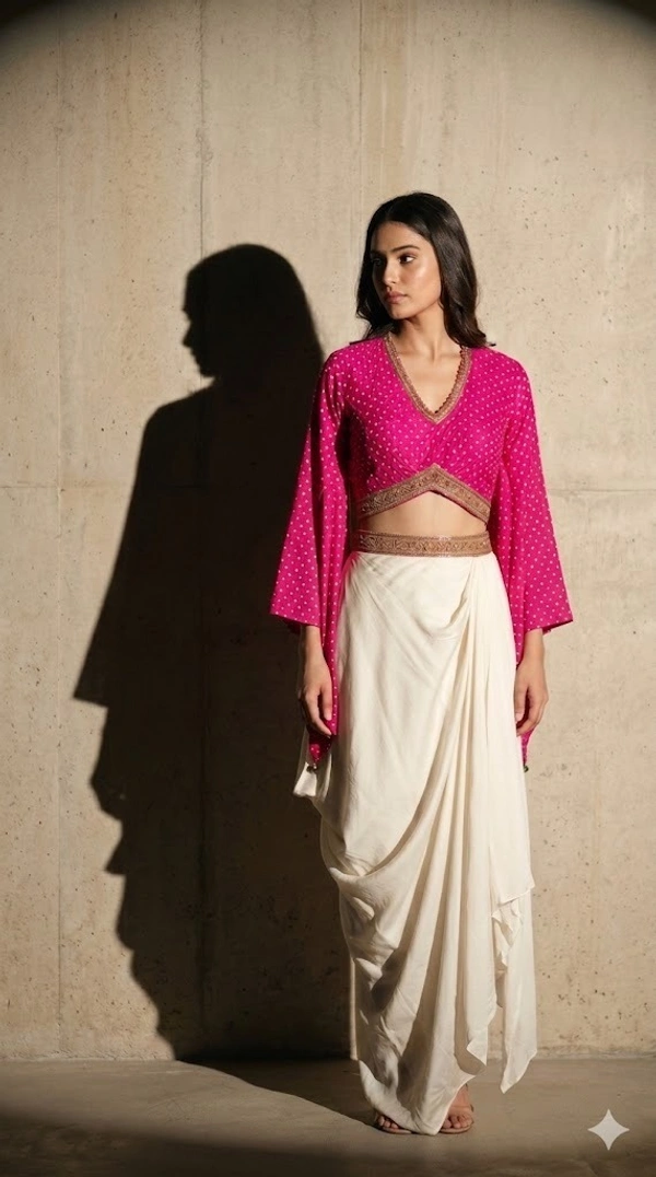 Vibrant fuchsia Bandhani crop top paired with a draped ivory skirt