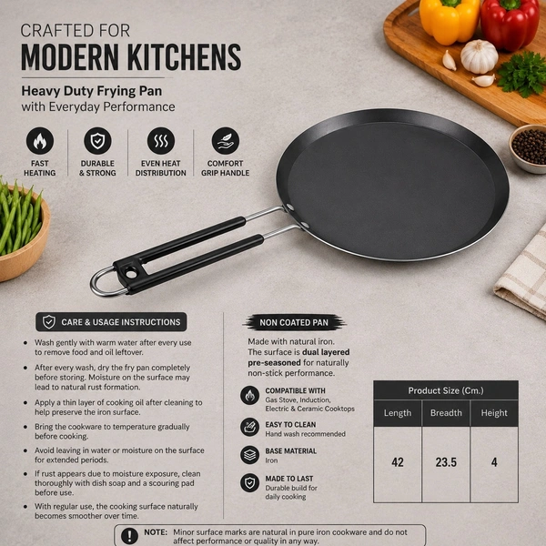 OREVIA Pre Seasoned Iron Tawa 23 cm | Induction & Gas Stove Compatible | No Synthetic Coating | PTFE & PFOA Free | Omelette & Dosa Pan with Insulated Handle | Lightweight | Natural Iron Finish