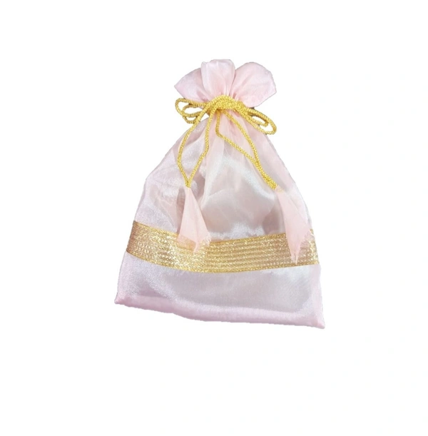 Manvicare 13" By10" Transparent Light Pink Crystal Mesh Mirror Organza Silk Fabric Multiuse Potli Style Saree Bags/Gifting Bags -Pack of 1 Potli Bag-Baby Pink Color - 13" x 10"