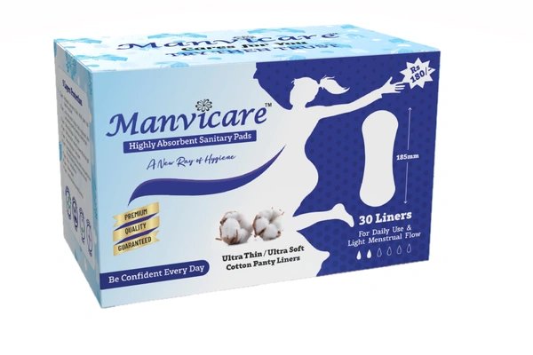 Manvicare 30 Liners of Size 185mm - Biodegradable Cotton Teen Pads/Mini Pads/Pantyliners Without Wings for Women/Girls - 185mm