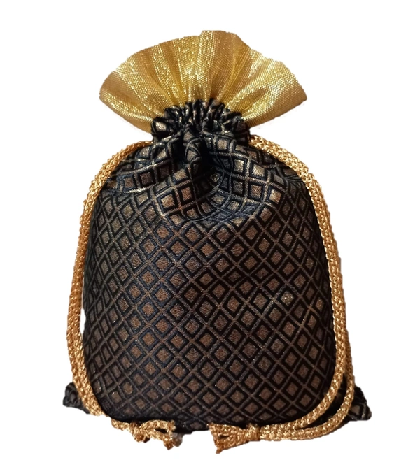 Manvicare Black & Gold Brocade Fabric Potli Bags for Diwali Gift Wrap - 1 Potli - 9.5" by 6.5" - 9.5" x 6.5"