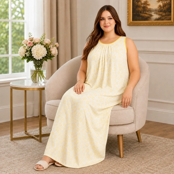 Manvicare Plus Size Soft Rayon Fabric Sleeveless Nighty for Women, Girls - Yellow Floral Print - 7XL