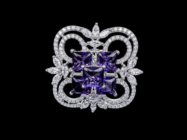 American Diamond Purple Floral Finger Ring - Adjustable, Purple