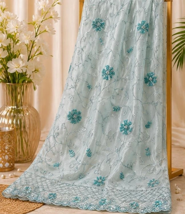 AQUA BLUE SHADE FLORAL DESIGNER LEHANGA - Aqua Blue
