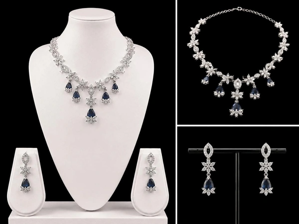 ELEGANT FLORAL AMERICAN DIAMOND NECKLACE SET - Blue, Green