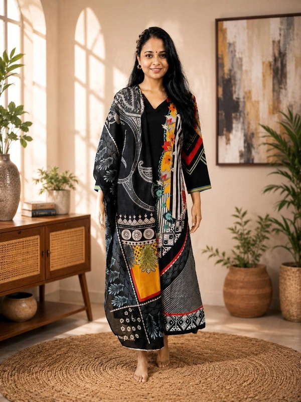Designer Black Printed Kurta Set With Dupatta - M,L,XL,XXL, Black