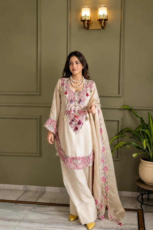 Elegant Beige Embroidered Kurta Set