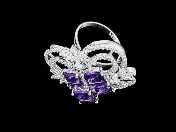 American Diamond Purple Floral Finger Ring - Adjustable, Purple