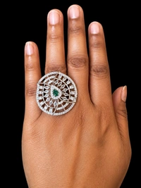 ELEGANT FLORAL AMERICAN DIAMOND FINGER RING - Adjustable, Skyblue, White
