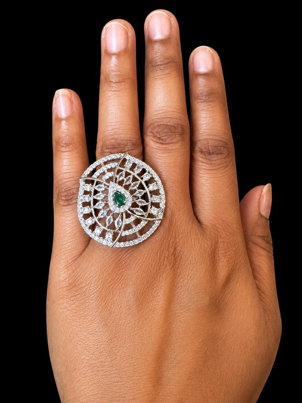 ELEGANT FLORAL AMERICAN DIAMOND FINGER RING - Adjustable, Skyblue, White