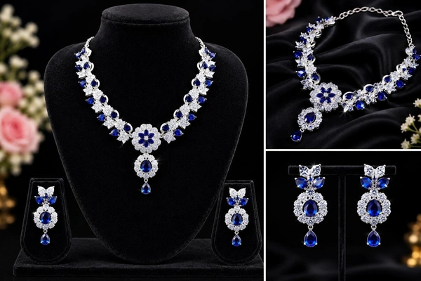 ELEGANT FLORAL AMERICAN DIAMOND NECKLACE SET - Purple, Blue