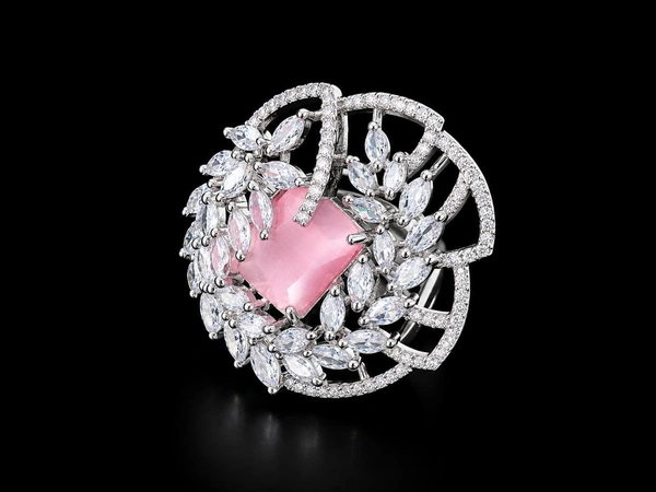 LUXURY FLORAL AMERICAN DIAMOND FINGER RING - Adjustable, Pink