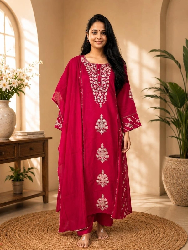 Fuchsia Pink Embroidered Kurta Set With Dupatta - S,M,L,XL,XXL, Red