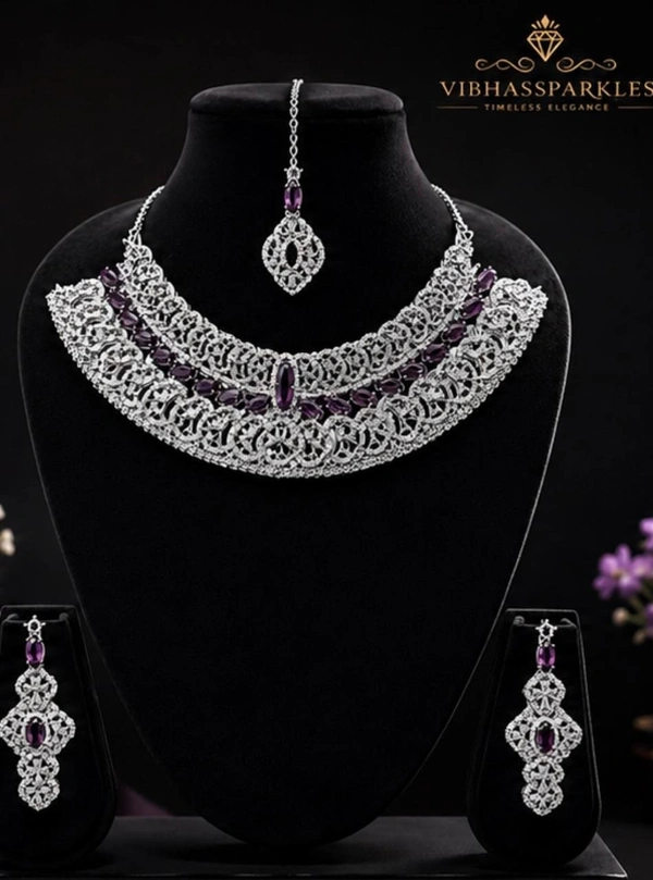 LUXURY AMERICAN DIAMOND PURPLE STONE CHOKER SET - Purple