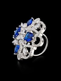 LUXURY FLORAL AMERICAN DIAMOND FINGER RING - Adjustable, Blue, Green