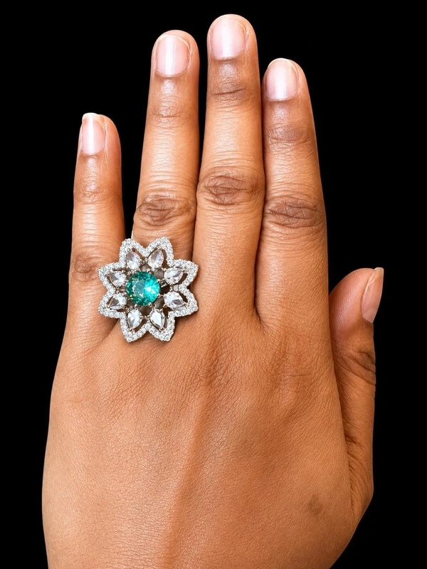 ELEGANT AMERICAN DIAMOND FINGER RING - Adjustable, Saffron, Purple, Mint blue